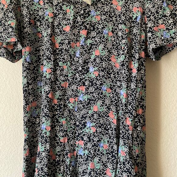 Vintage 90s black and white with colorful floral details mini dress size large - Picture 2 of 6